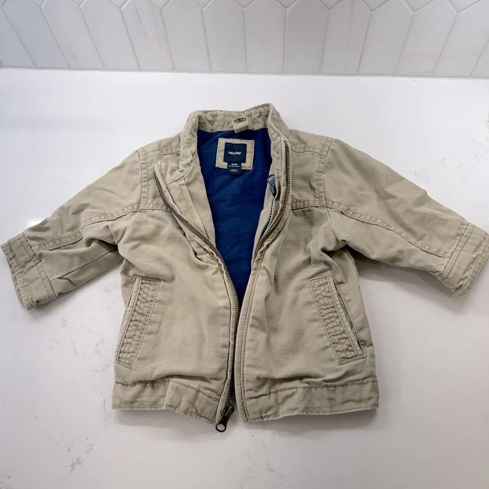 Gap kids tan khaki canvas jacket brown babygap zip up coat 100% cotton